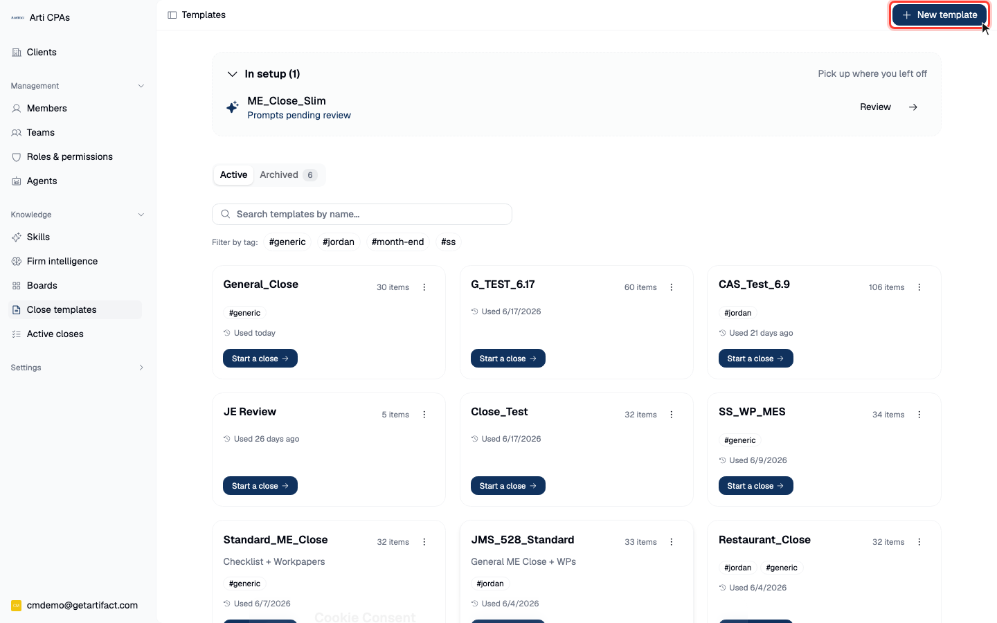 The Close templates list and the New template button