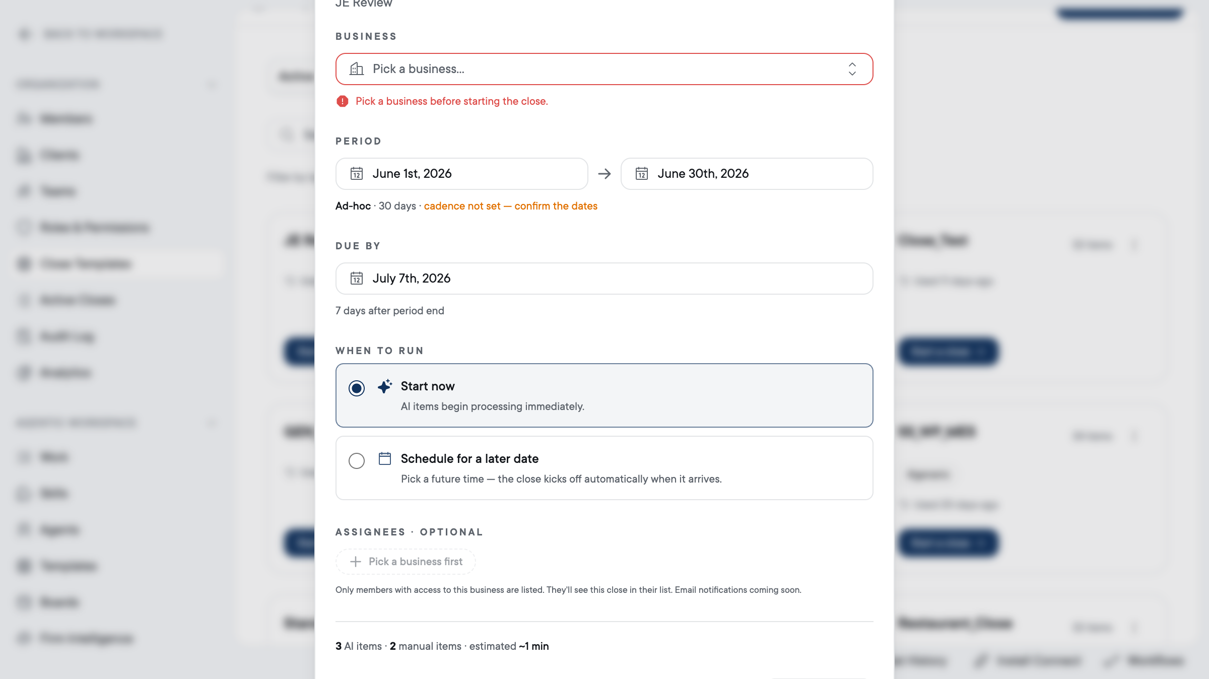 The Start-close dialog