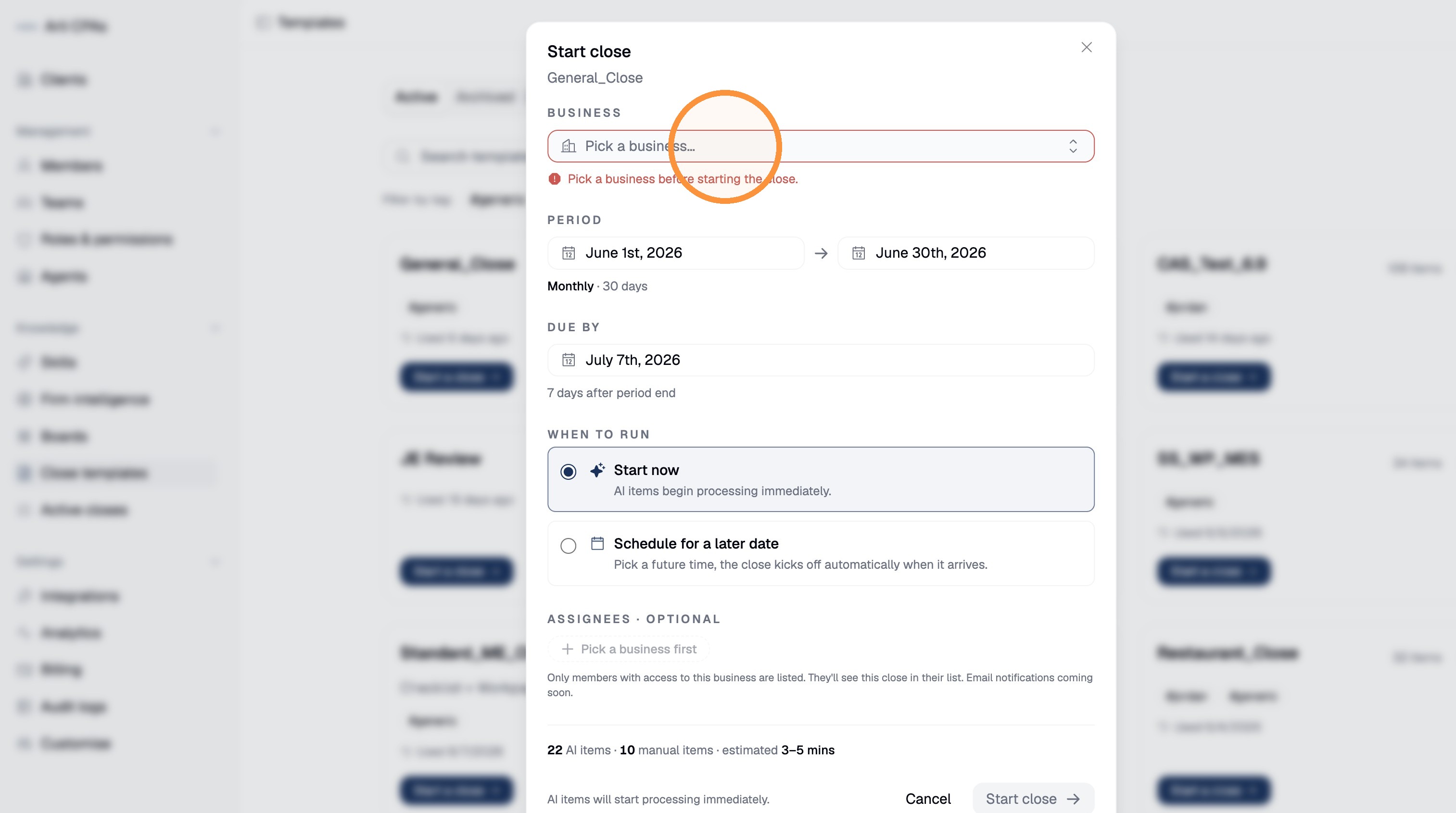 Select the business from the dropdown