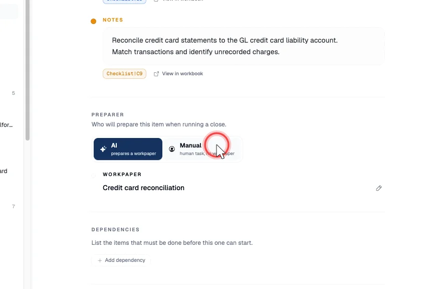 Selecting Manual assigns the item as a human task with no workpaper