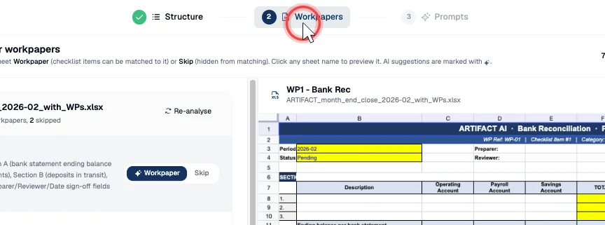 The Workpapers inventory listing each sheet of the uploaded workbook