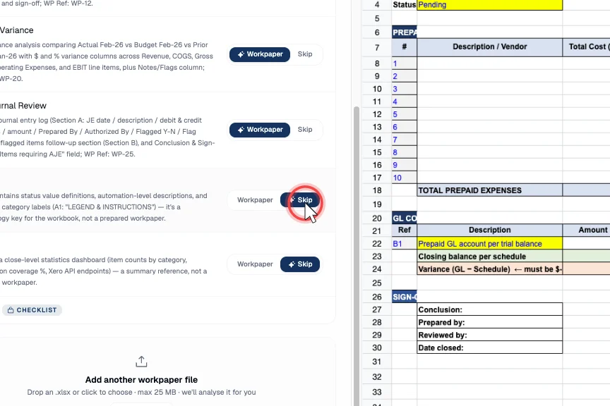 Setting each sheet's role to Workpaper or Skip