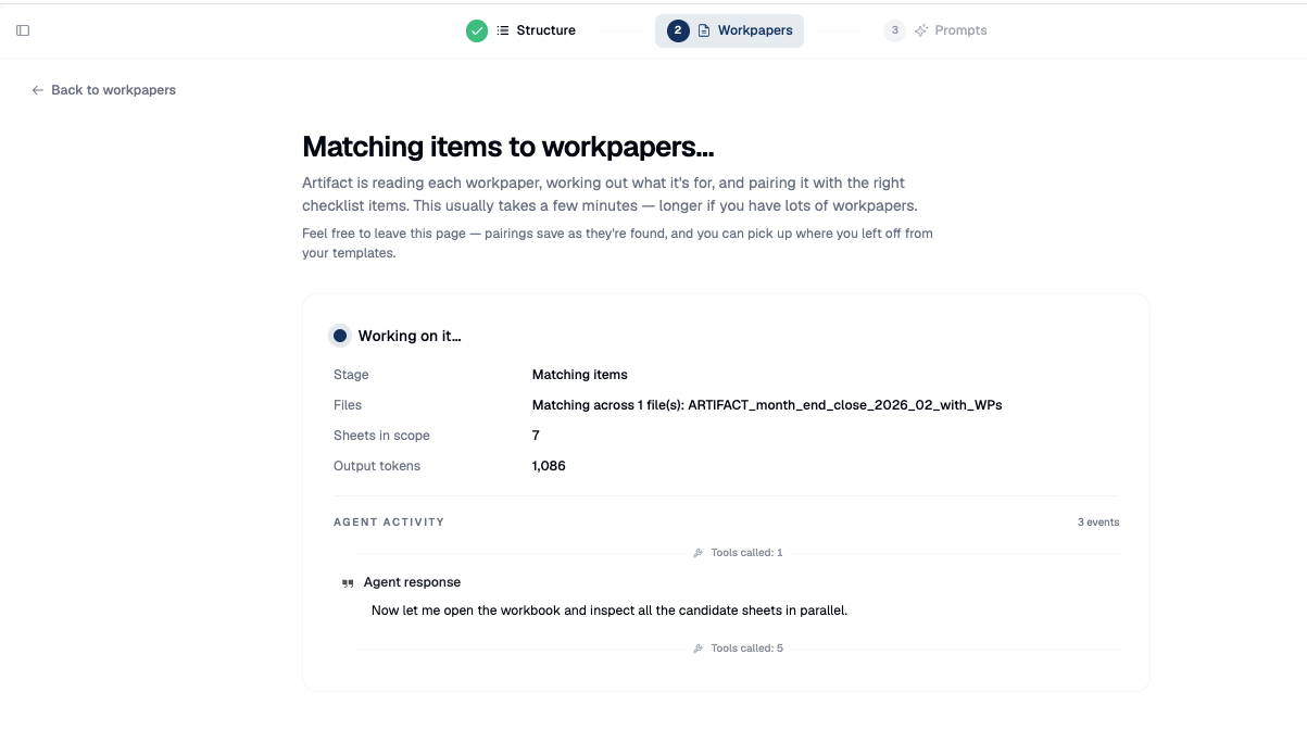 Artifact begins matching working papers to checklist items