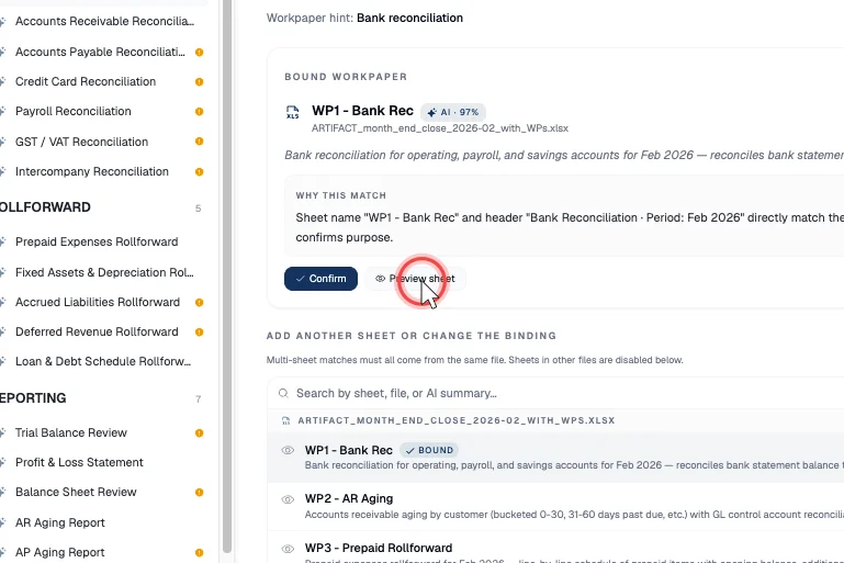 Previewing the matched working-paper sheet inline