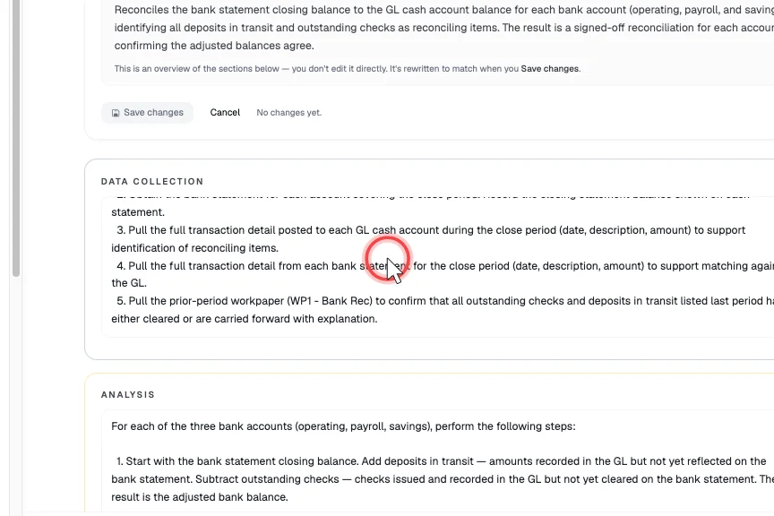 Saving the edited prompt records a change note
